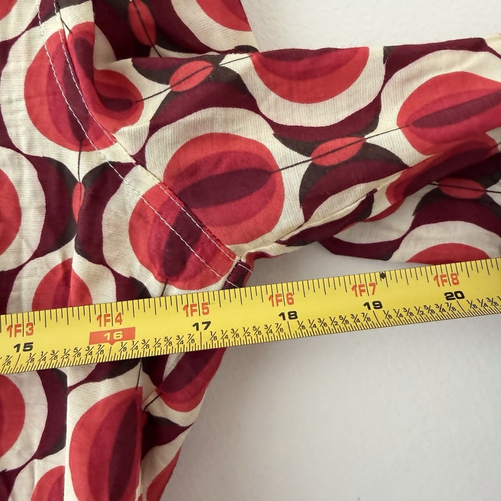 Mod Geometric Print Blouse Red Cream Retro Graphic‎ Button Up Statement Top XS - Picture 8 of 9